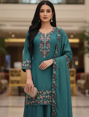 Blue embroidered silk blend free size stiched kurta palazzo set with dupatta for women 5