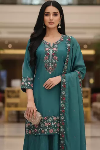 Blue embroidered silk blend free size stiched kurta palazzo set with dupatta for women