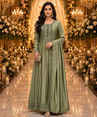 Sage green embroidered silk blend anarkali free size stiched kurta with dupatta for women 1