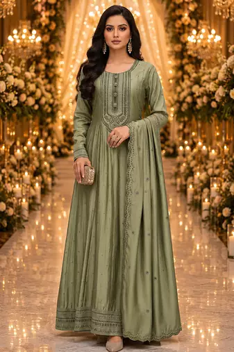 Sage green embroidered silk blend anarkali free size stiched kurta with dupatta for women