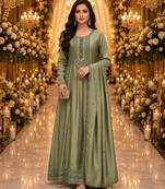 Sage green embroidered silk blend anarkali free size stiched kurta with dupatta for women