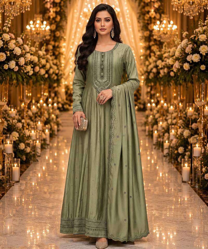 Sage green embroidered silk blend anarkali free size stiched kurta with dupatta for women
