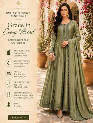 Sage green embroidered silk blend anarkali free size stiched kurta with dupatta for women 2