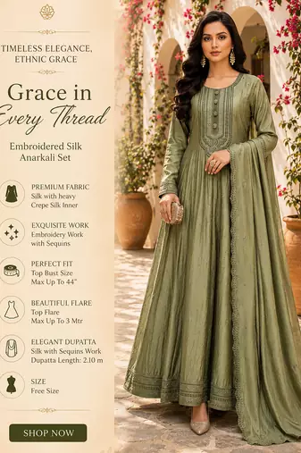 Sage green embroidered silk blend anarkali free size stiched kurta with dupatta for women