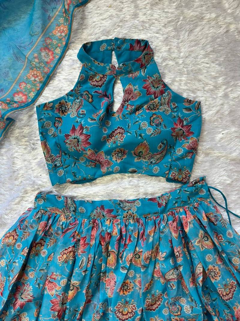 blue organza lehenga choli - free size 