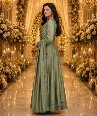 Sage green embroidered silk blend anarkali free size stiched kurta with dupatta for women 3