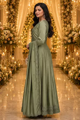 Sage green embroidered silk blend anarkali free size stiched kurta with dupatta for women