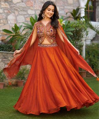 orange silk lehenga choli - free size  4
