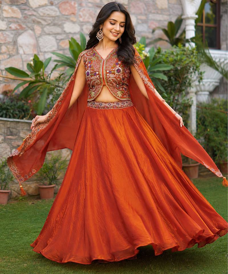 orange silk lehenga choli - free size 