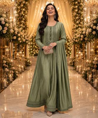 Sage green embroidered silk blend anarkali free size stiched kurta with dupatta for women 4