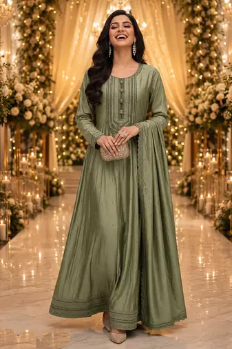 Sage green embroidered silk blend anarkali free size stiched kurta with dupatta for women