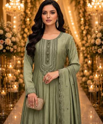 Sage green embroidered silk blend anarkali free size stiched kurta with dupatta for women 5