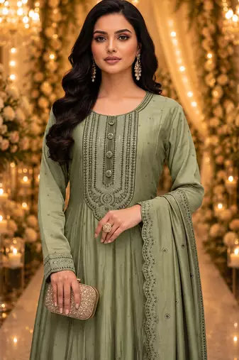 Sage green embroidered silk blend anarkali free size stiched kurta with dupatta for women