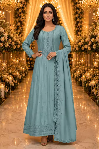 Blue embroidered silk blend anarkali free size stiched kurta with dupatta for women