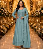 Blue embroidered silk blend anarkali free size stiched kurta with dupatta for women
