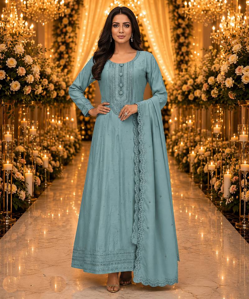 Blue embroidered silk blend anarkali free size stiched kurta with dupatta for women
