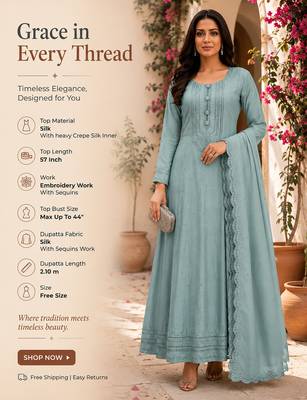 Blue embroidered silk blend anarkali free size stiched kurta with dupatta for women 2