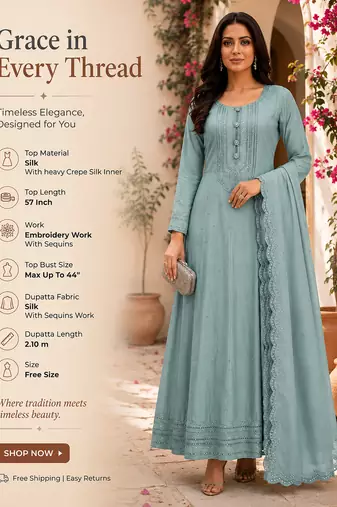Blue embroidered silk blend anarkali free size stiched kurta with dupatta for women