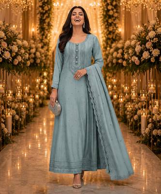 Blue embroidered silk blend anarkali free size stiched kurta with dupatta for women 3