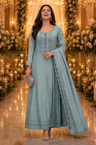 Blue embroidered silk blend anarkali free size stiched kurta with dupatta for women