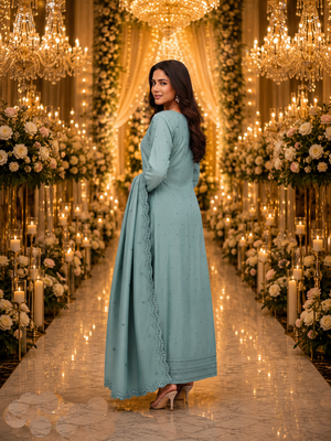 Blue embroidered silk blend anarkali free size stiched kurta with dupatta for women 4