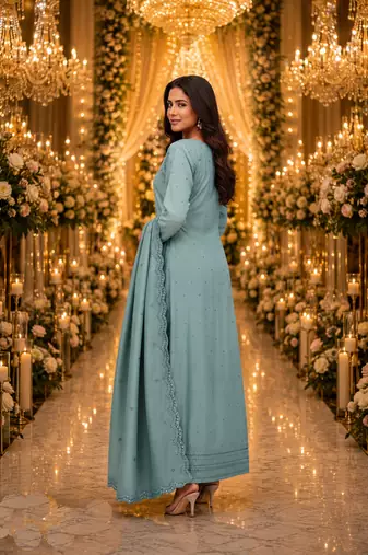 Blue embroidered silk blend anarkali free size stiched kurta with dupatta for women