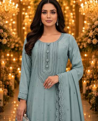 Blue embroidered silk blend anarkali free size stiched kurta with dupatta for women 5