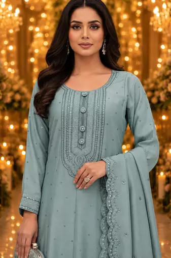 Blue embroidered silk blend anarkali free size stiched kurta with dupatta for women