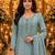 Blue embroidered silk blend anarkali free size stiched kurta with dupatta for women