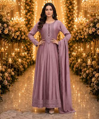 Purple embroidered silk blend anarkali free size stiched kurta with dupatta for women 1