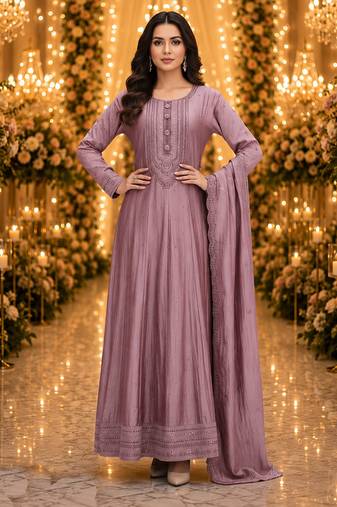 Purple embroidered silk blend anarkali free size stiched kurta with dupatta for women