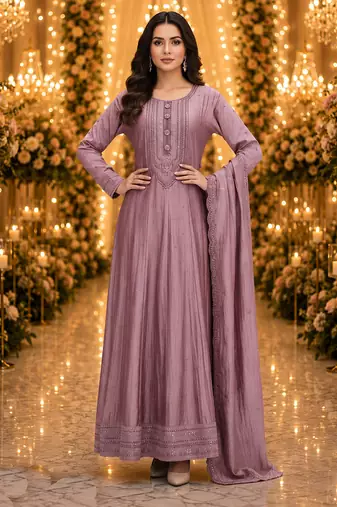 Purple embroidered silk blend anarkali free size stiched kurta with dupatta for women