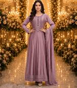 Purple embroidered silk blend anarkali free size stiched kurta with dupatta for women