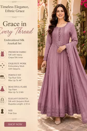 Purple embroidered silk blend anarkali free size stiched kurta with dupatta for women