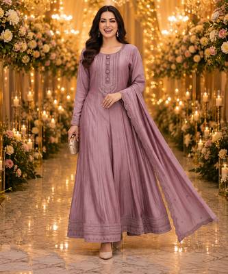 Purple embroidered silk blend anarkali free size stiched kurta with dupatta for women 3