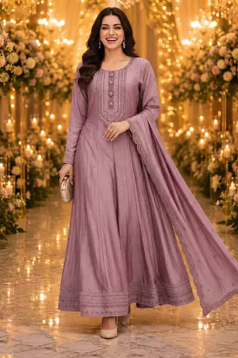 Purple embroidered silk blend anarkali free size stiched kurta with dupatta for women