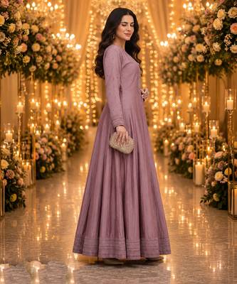 Purple embroidered silk blend anarkali free size stiched kurta with dupatta for women 4