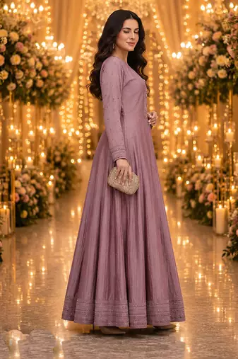 Purple embroidered silk blend anarkali free size stiched kurta with dupatta for women