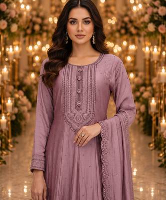 Purple embroidered silk blend anarkali free size stiched kurta with dupatta for women 5