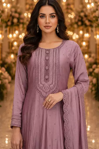 Purple embroidered silk blend anarkali free size stiched kurta with dupatta for women