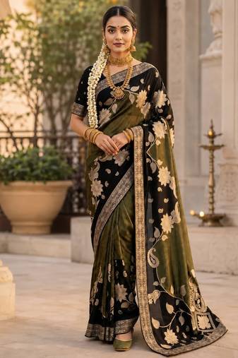 Black Color Floral Zari Weaving And Attractive Dori Piping Fitting With Hand Dyeing Chainya Tissue Shimmer Saree