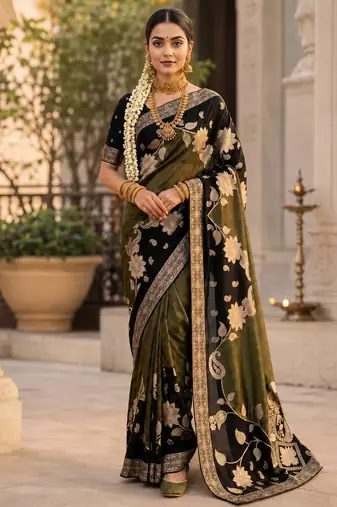 Black Color Floral Zari Weaving And Attractive Dori Piping Fitting With Hand Dyeing Chainya Tissue Shimmer Saree