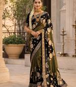 Black Color Floral Zari Weaving And Attractive Dori Piping Fitting With Hand Dyeing Chainya Tissue Shimmer Saree