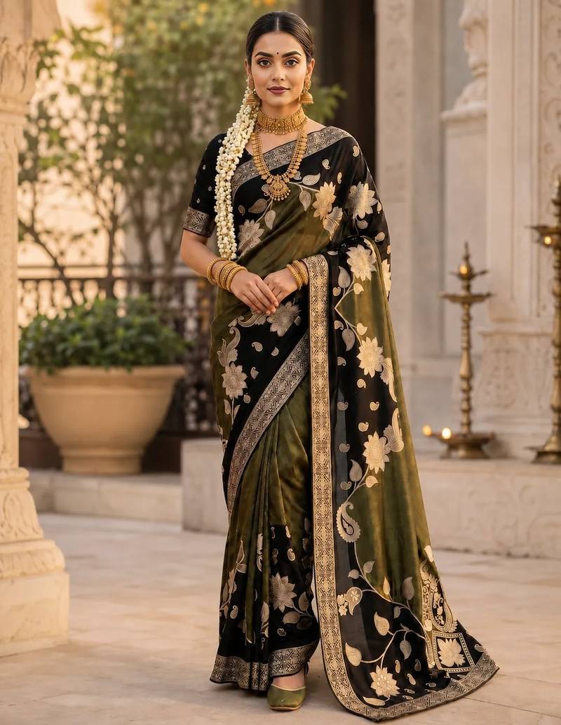 Black Color Floral Zari Weaving And Attractive Dori Piping Fitting With Hand Dyeing Chainya Tissue Shimmer Saree