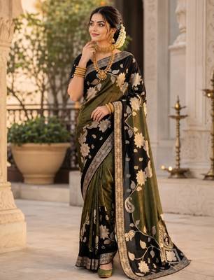 Black Color Floral Zari Weaving And Attractive Dori Piping Fitting With Hand Dyeing Chainya Tissue Shimmer Saree 2