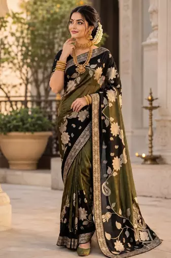 Black Color Floral Zari Weaving And Attractive Dori Piping Fitting With Hand Dyeing Chainya Tissue Shimmer Saree
