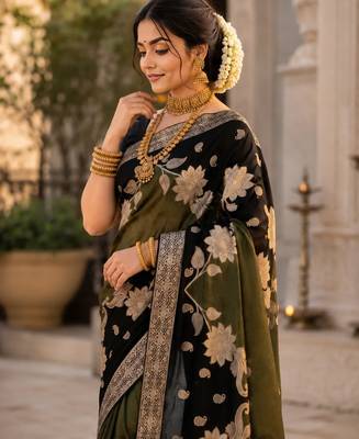 Black Color Floral Zari Weaving And Attractive Dori Piping Fitting With Hand Dyeing Chainya Tissue Shimmer Saree 3