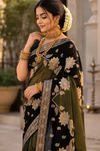 Black Color Floral Zari Weaving And Attractive Dori Piping Fitting With Hand Dyeing Chainya Tissue Shimmer Saree