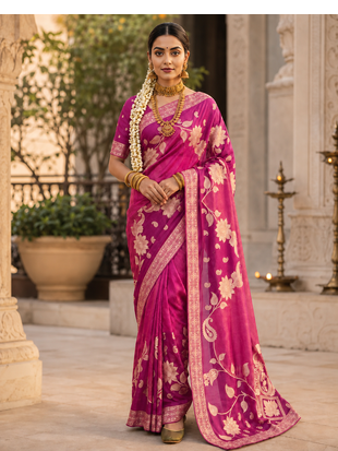 Pink Color Floral Zari Weaving And Attractive Dori Piping Fitting With Hand Dyeing Chainya Tissue Shimmer Saree 1