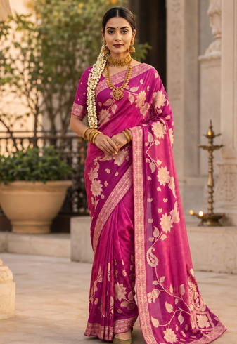 Pink Floral Zari Weaving And Attractive Dori Piping Fitting With Hand Dyeing Chainya Tissue Shimmer Saree